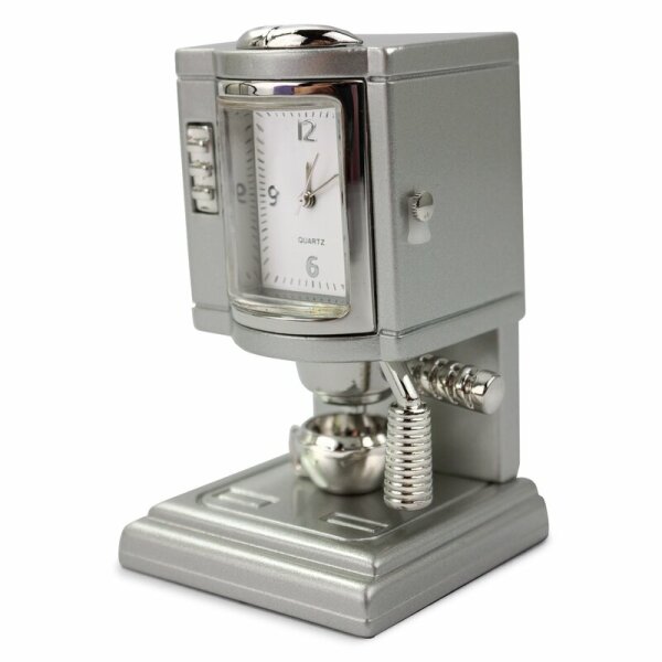 Designer Tischuhr Kaffeemaschine silber aus Metall
