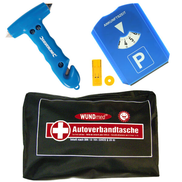 Parkscheibe + Nothammer + Auto Verbandskasten