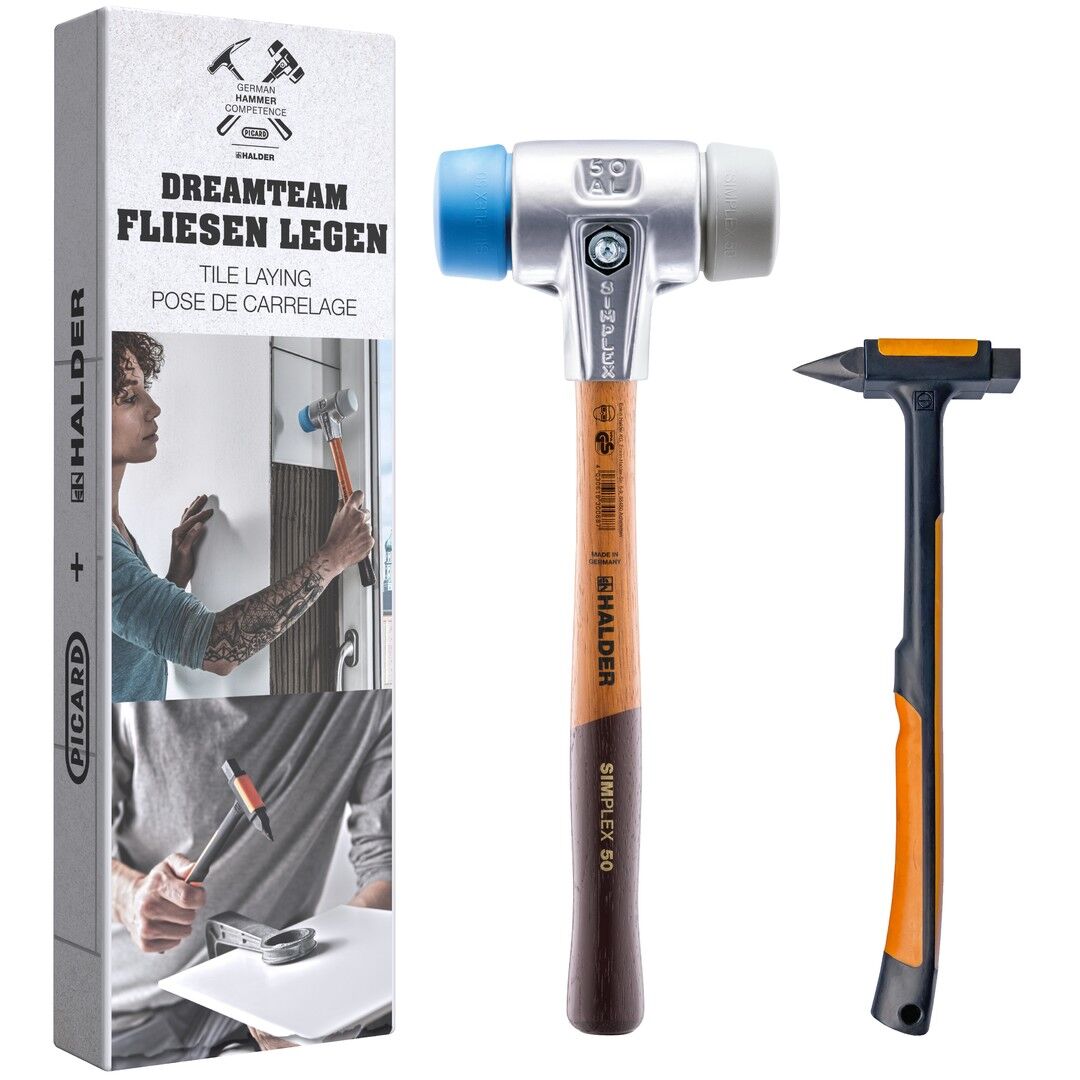 HALDER Aktionsbox Dreamteam Fliesenleger Schonhammer D40mm + Fliesenlegehammer | Gravur möglich
