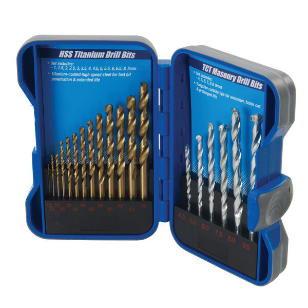 HSS Titan Bohrer 1-7mm und Hartmetall Steinbohrer 4-9mm Satz 19-tlg.
