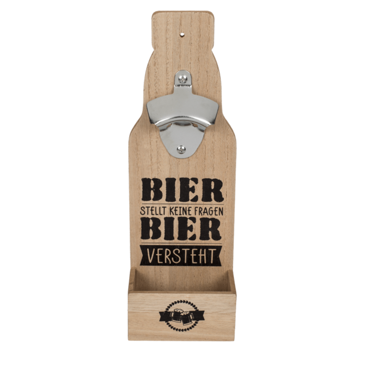 Metall Flaschenöffner auf Holzbrett mit Spruch "Bier stellt keine Fragen Bier versteht"