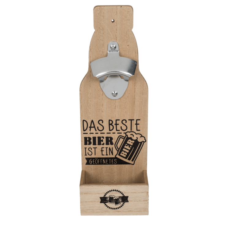 Metall Flaschenöffner auf Holzbrett mit Spruch "Das beste Bier ist ein geöffnetes"