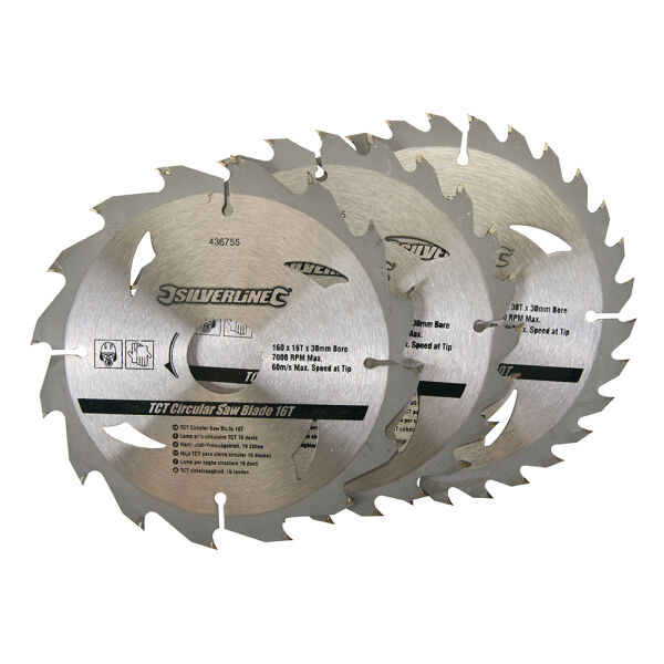 Hartmetall Kreissägeblätter Set 160 x 30 mm mit 16, 24 und 30 Zähnen inkl. Reduzierringe 10, 16 und 20 mm