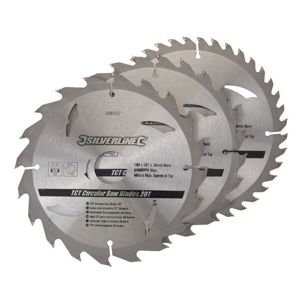 3 x Hartmetall Kreissägeblätter Set 180 x 30 mm mit 20, 24 u. 40 Zähnen + Reduzierringe