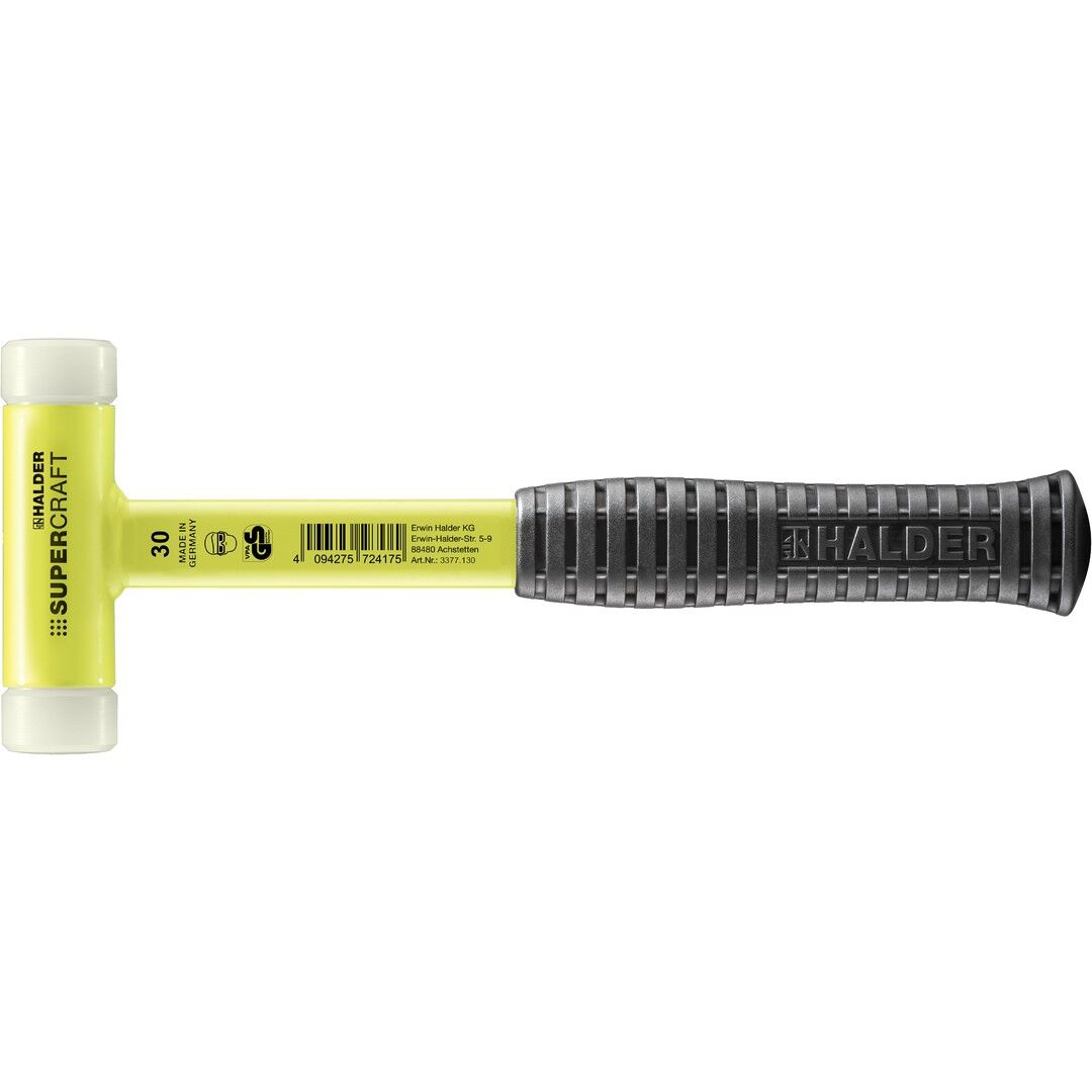 HALDER SUPERCRAFT Schonhammer Ø 30 mm rückschlagfrei mit bruchsicherem Stahlrohrstiel gelb fluoreszierend