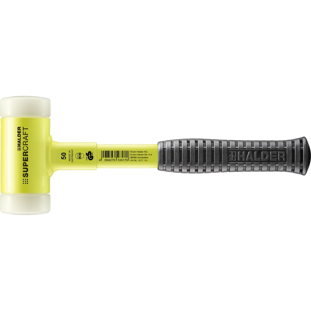 HALDER SUPERCRAFT Schonhammer Ø 50 mm rückschlagfrei mit bruchsicherem Stahlrohrstiel gelb fluoreszierend