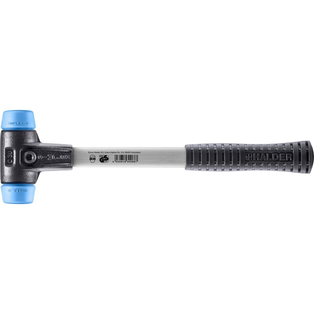 HALDER SIMPLEX Schonhammer Ø 30 mm TPE-soft blau mit verstärkem Tempergussgehäuse und Fiberglasstiel