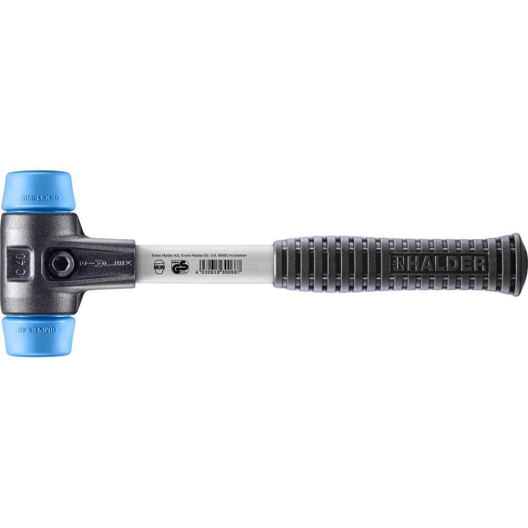 HALDER SIMPLEX Schonhammer Ø 40 mm TPE-soft blau mit verstärkem Tempergussgehäuse und Fiberglasstiel