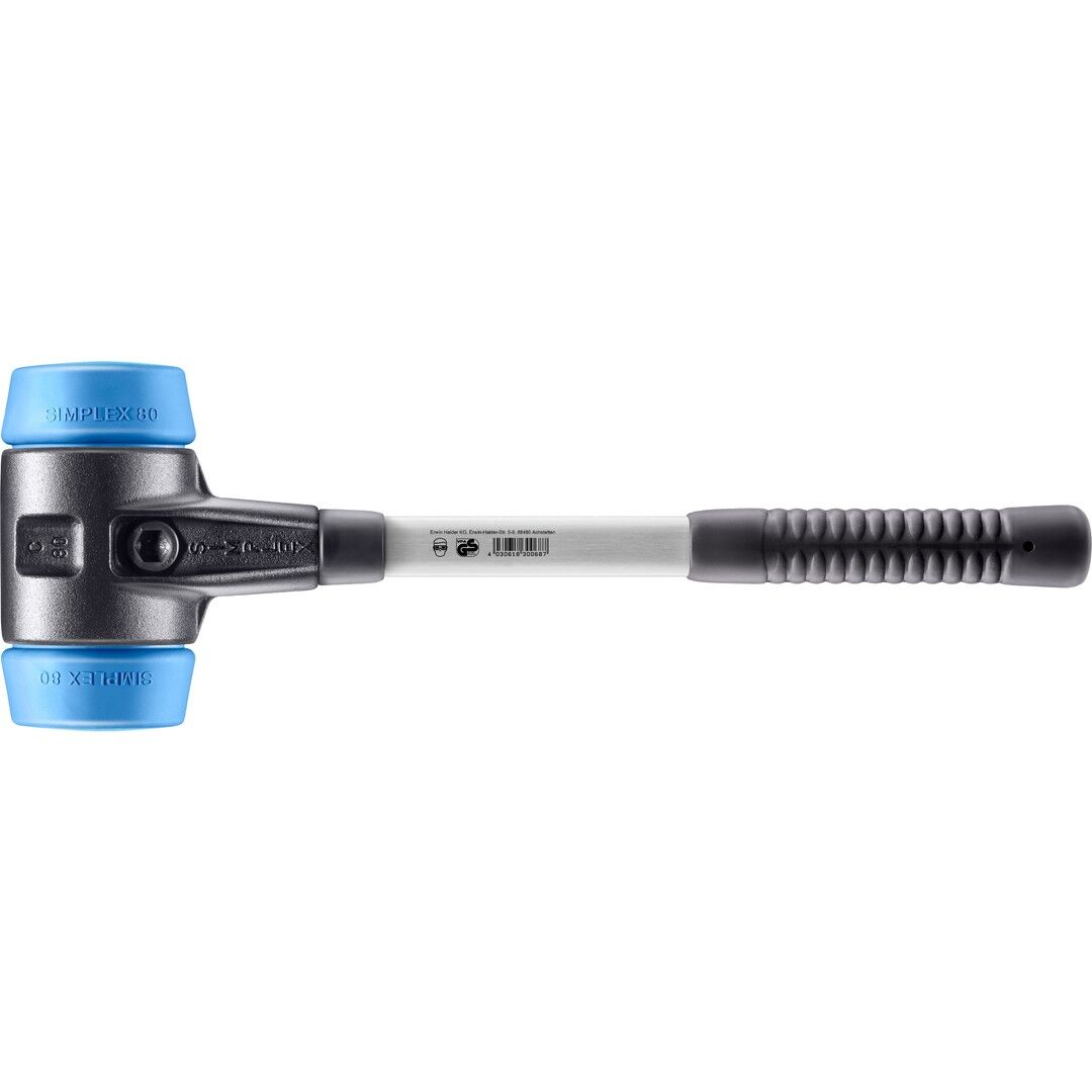 HALDER SIMPLEX Schonhammer Ø 80 mm TPE-soft blau mit verstärkem Tempergussgehäuse und Fiberglasstiel
