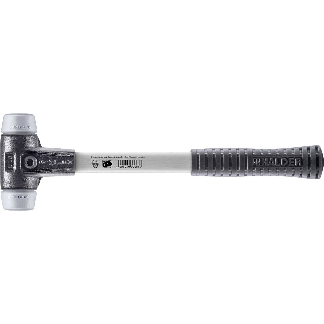 HALDER SIMPLEX Schonhammer Ø 30 mm TPE-mid grau mit verstärkem Tempergussgehäuse und Fiberglasstiel