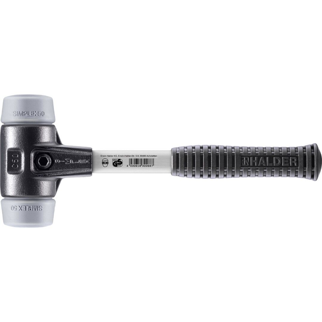 HALDER SIMPLEX Schonhammer Ø 50 mm TPE-mid grau mit verstärkem Tempergussgehäuse und Fiberglasstiel
