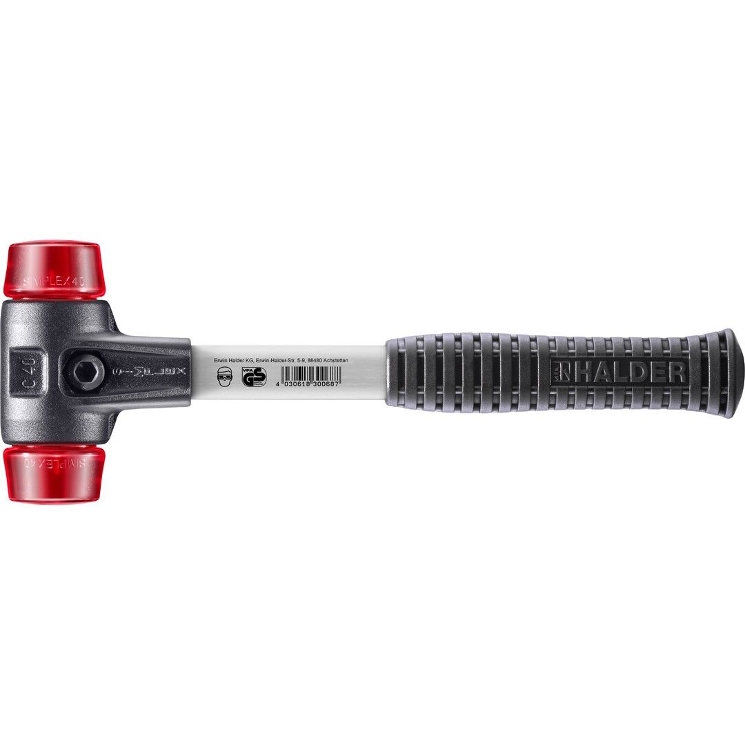 HALDER SIMPLEX Schonhammer Ø 40 mm Plastik rot mit verstärkem Tempergussgehäuse und Fiberglasstiel