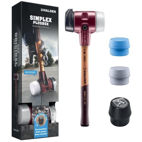 HALDER SIMPLEX Plusbox Starterkit Schonhammer Ø 80 mm Superplastik / TPE-mid / TPE-soft / Gummi mit Standfuß + Flaschenöffner | Gravur möglich
