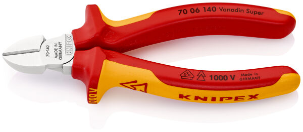 KNIPEX 70 06 140 Seitenschneider 140 mm VDE isoliert verchromt mit Mehrkomponenten-Hüllen