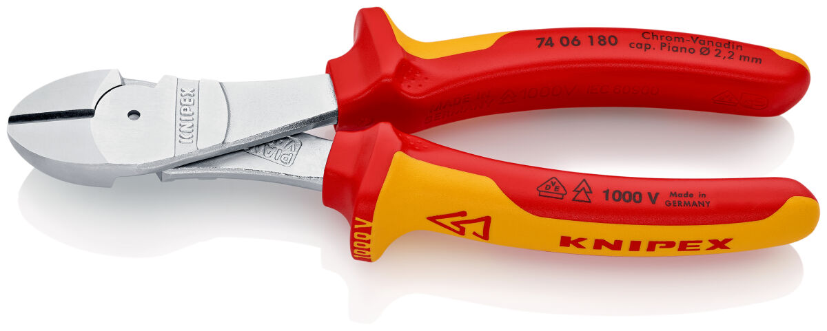 KNIPEX 74 06 180 Kraft-Seitenschneider 180 mm VDE isoliert verchromt mit Mehrkomponenten-Hüllen
