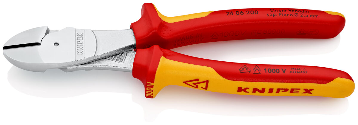 KNIPEX 74 06 200 Kraft-Seitenschneider 200 mm VDE isoliert verchromt mit Mehrkomponenten-Hüllen