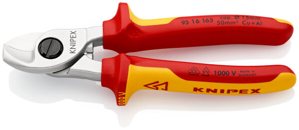 KNIPEX 95 16 165 Kabelschere 165 mm Ø 15 mm / 50 mm² VDE isoliert verchromt mit Mehrkomponenten-Hüllen