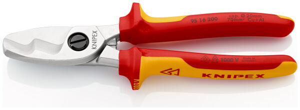 KNIPEX 95 16 200 Kabelschere mit Doppelschneide 200 mm Ø 20 mm / 70 mm² VDE isoliert verchromt mit Mehrkomponenten-Hüllen