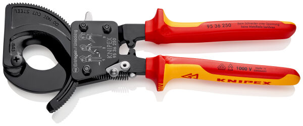 KNIPEX 95 36 250 Kabelschneider (Ratschenprinzip) 250 mm Ø 32 mm / 240 mm² VDE isoliert mit Mehrkomponenten-Hüllen
