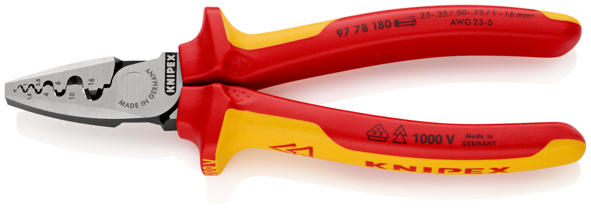 KNIPEX 97 78 180 Crimpzange für Aderendhülsen 180 mm Aderendhülsen 0,25 – 16 mm² VDE isoliert mit Mehrkomponenten-Hüllen