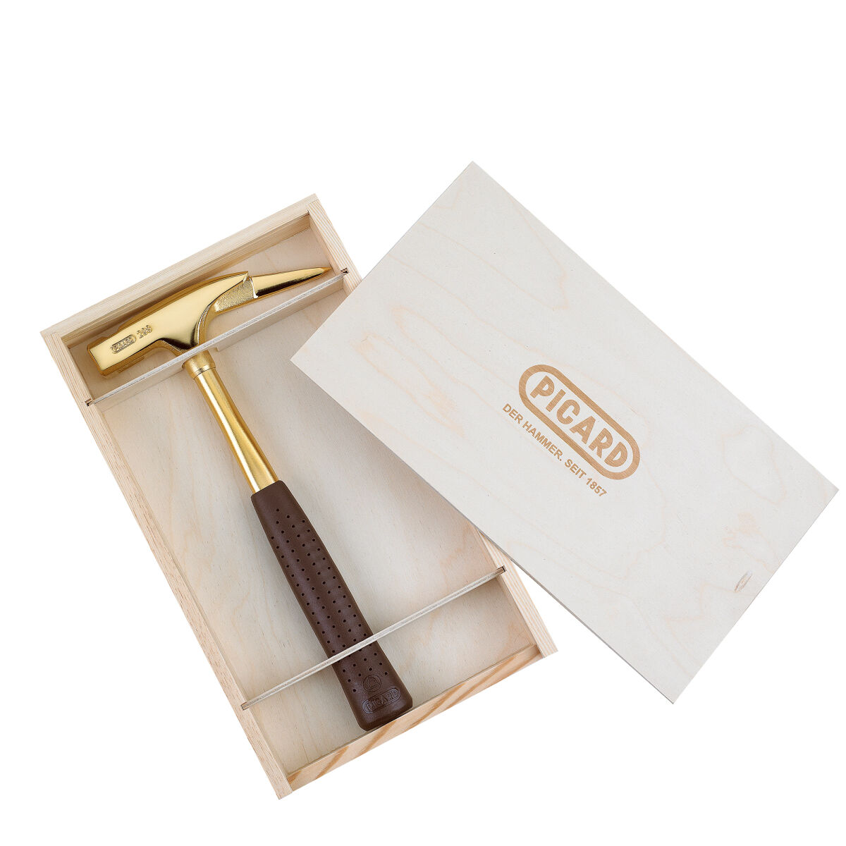 PICARD vergoldeter Hammer mit Gravur – personalisiertes Handwerker Geschenk im Holzrahmen Nr. 298f