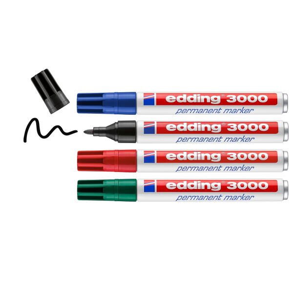 edding 3000 4 x Permanentmarker Farben Schwarz Rot Blau Grün Set
