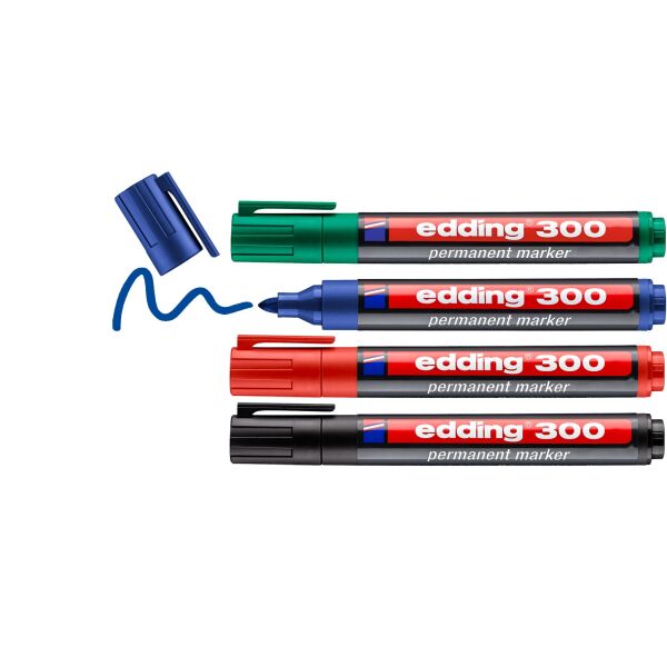edding 300 4 x Permanentmarker Farben Schwarz Rot Blau Grün Set