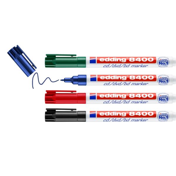 edding 8400 4 x CD-DVD-BD Marker Farben Schwarz Rot Blau Grün Set