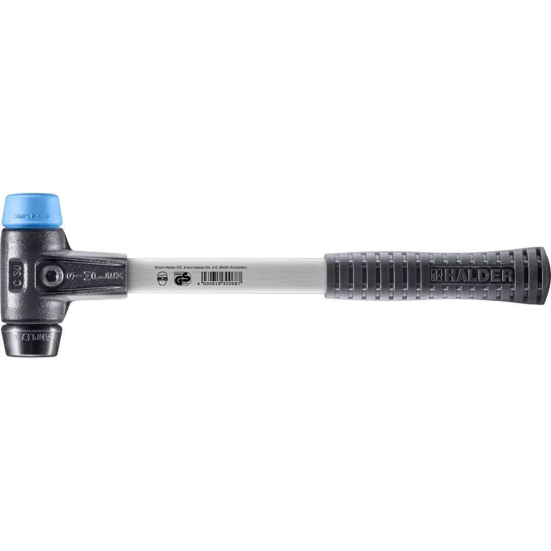 HALDER SIMPLEX Schonhammer Ø 30 mm TPE-soft blau / Gummi schwarz mit verstärktem Tempergussgehäuse und Fiberglasstiel