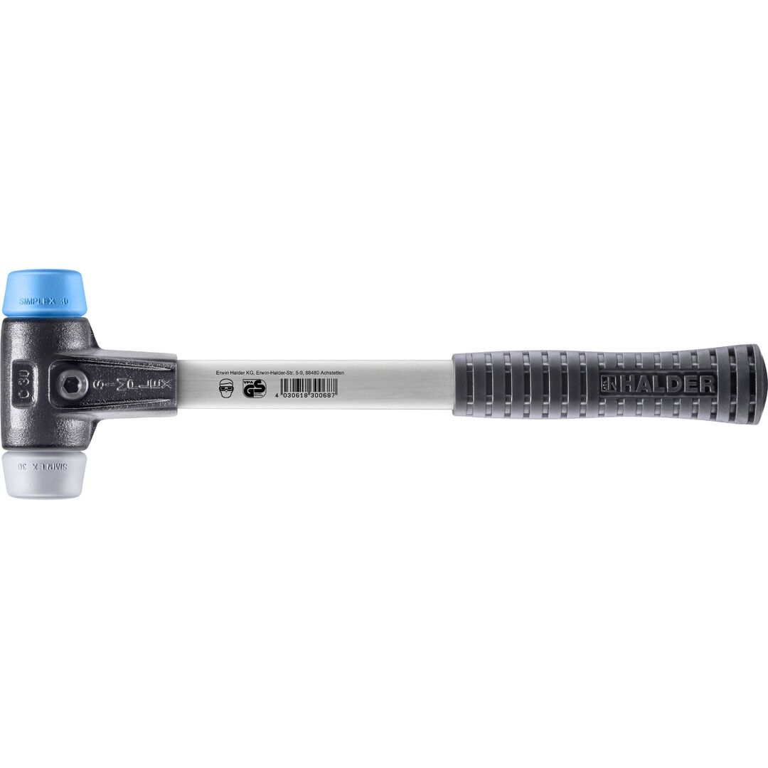 HALDER SIMPLEX Schonhammer Ø 30 mm TPE-soft blau / TPE-mid grau mit verstärktem Tempergussgehäuse und Fiberglasstiel
