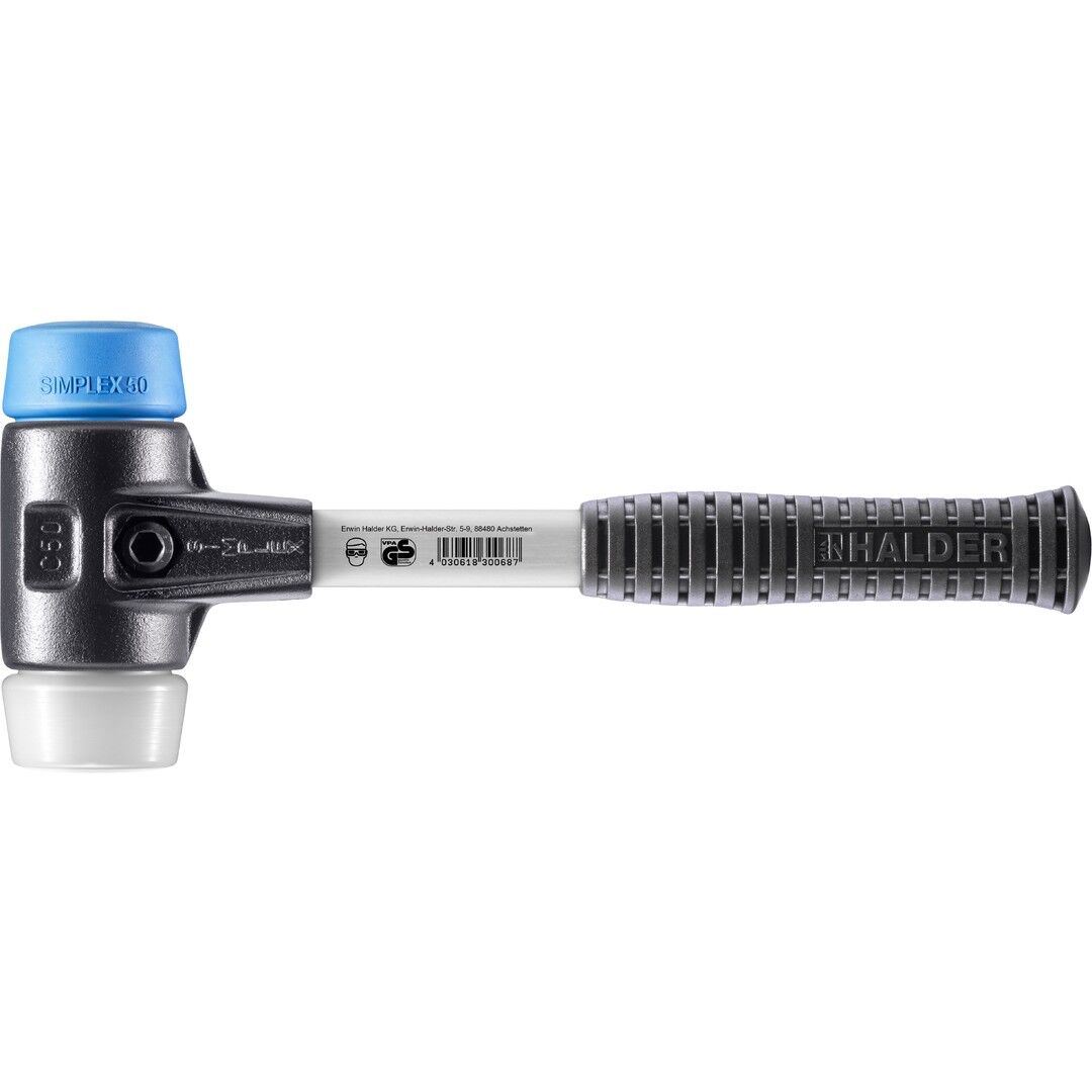 HALDER SIMPLEX Schonhammer Ø 50 mm TPE-soft blau / Superplastik mit verstärktem Tempergussgehäuse und Fiberglasstiel