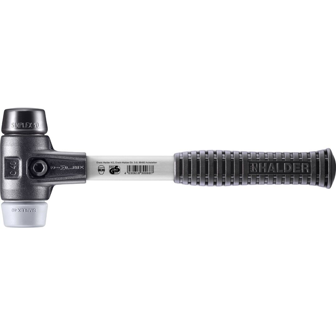 HALDER SIMPLEX Schonhammer Ø 40 mm Gummi schwarz / TPE-mid grau mit verstärktem Tempergussgehäuse und Fiberglasstiel