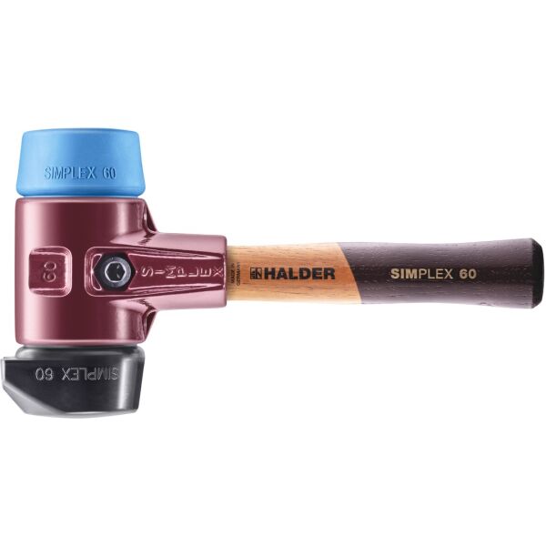 HALDER SIMPLEX Schonhammer Ø 60 mm Gummi schwarz / TPE-soft blau mit Standfuß kurzer Stiel mit Tempergussgehäuse | Gravur möglich