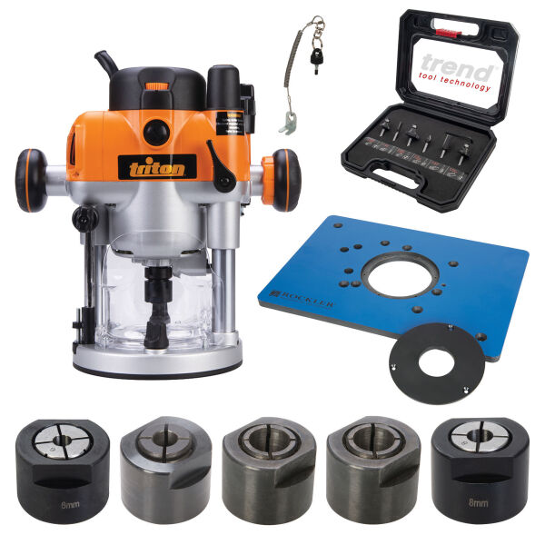 Profi Set Präzisionsoberfräse 2400 W TRA001 mit 5 Spannzangen + Fräsplatte + Gratis Fräser Satz 6-tlg. triton