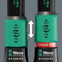Wera Drehmomentschlüssel Click-Torque Lock A5 R/L mit Recht-/Linksanzug 2,5-25 Nm mit 1/4" Zoll Vierkant-Aufnahme