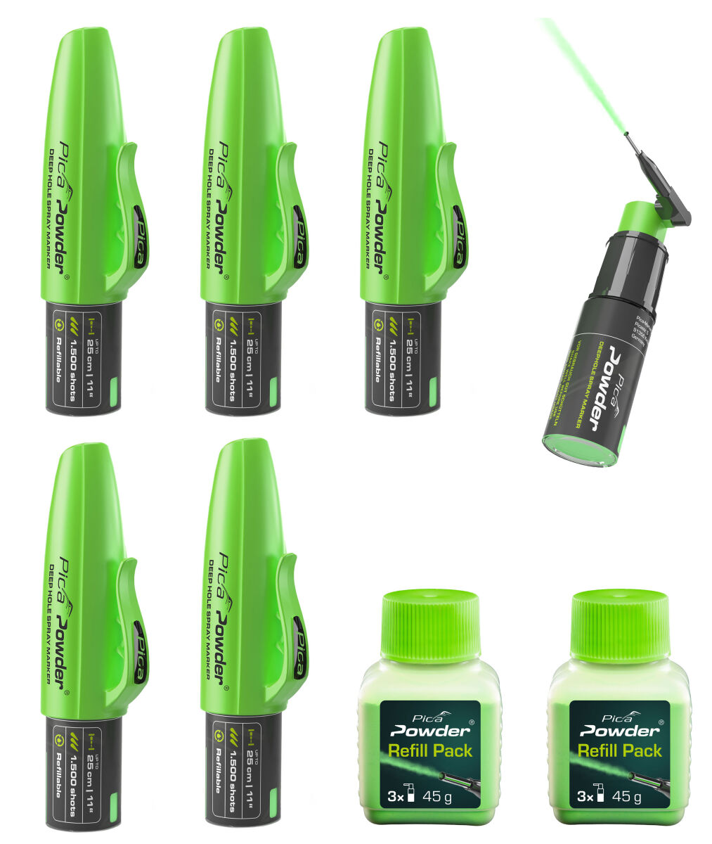 5 x Pica Powder Spraymarker Tieflochsprühmarker mit 360° Sprüharm + 2 x Nachfüllpulver