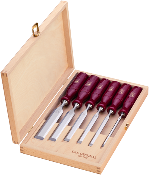 6-teiliger Stechbeitelsatz 1003 mit Plastikheft im Holzkasten bestehend aus 6+10+12+16+20+26mm - Kirschen