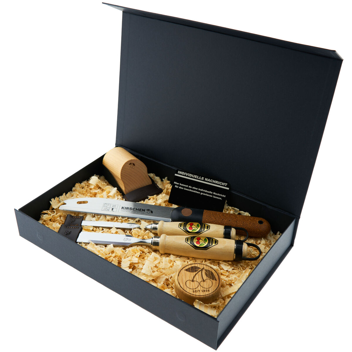KIRSCHEN Geschenkbox Stechbeitel Set mit Gravur & Handhobel inkl. Säge & Goodies | Hochwertiges Geschenk für Schreiner