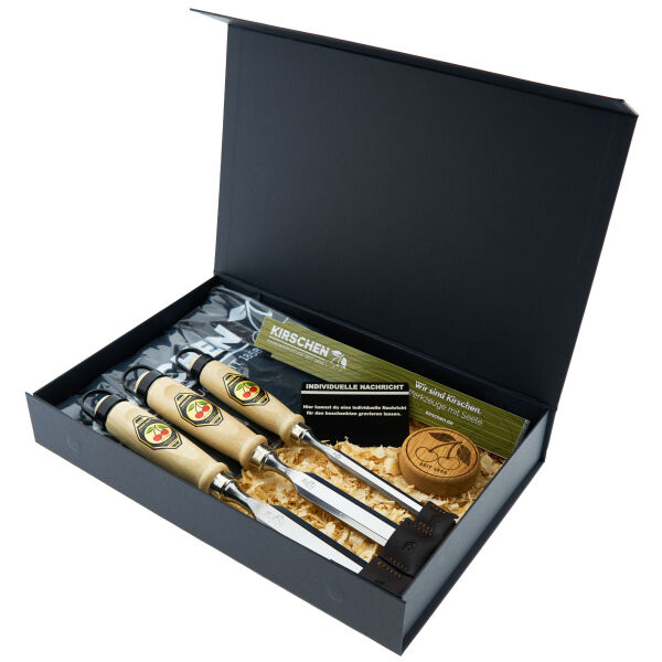 KIRSCHEN Geschenkbox Stechbeitel 3er Set mit Gravur inkl. T-Shirt S & Goodies | Premium Geschenk für Holzhandwerker