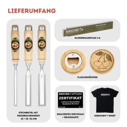 KIRSCHEN Geschenkbox Stechbeitel 3er Set mit Gravur inkl. T-Shirt S & Goodies | Premium Geschenk für Holzhandwerker