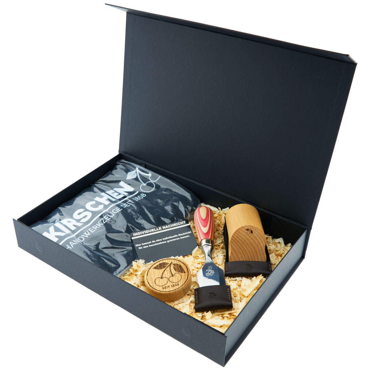 KIRSCHEN Geschenkbox W.I.N.A.C. Kurzbeitel mit Gravur & Handhobel inkl. T-Shirt M & Goodies | Exklusives Geschenk für Holzwerker