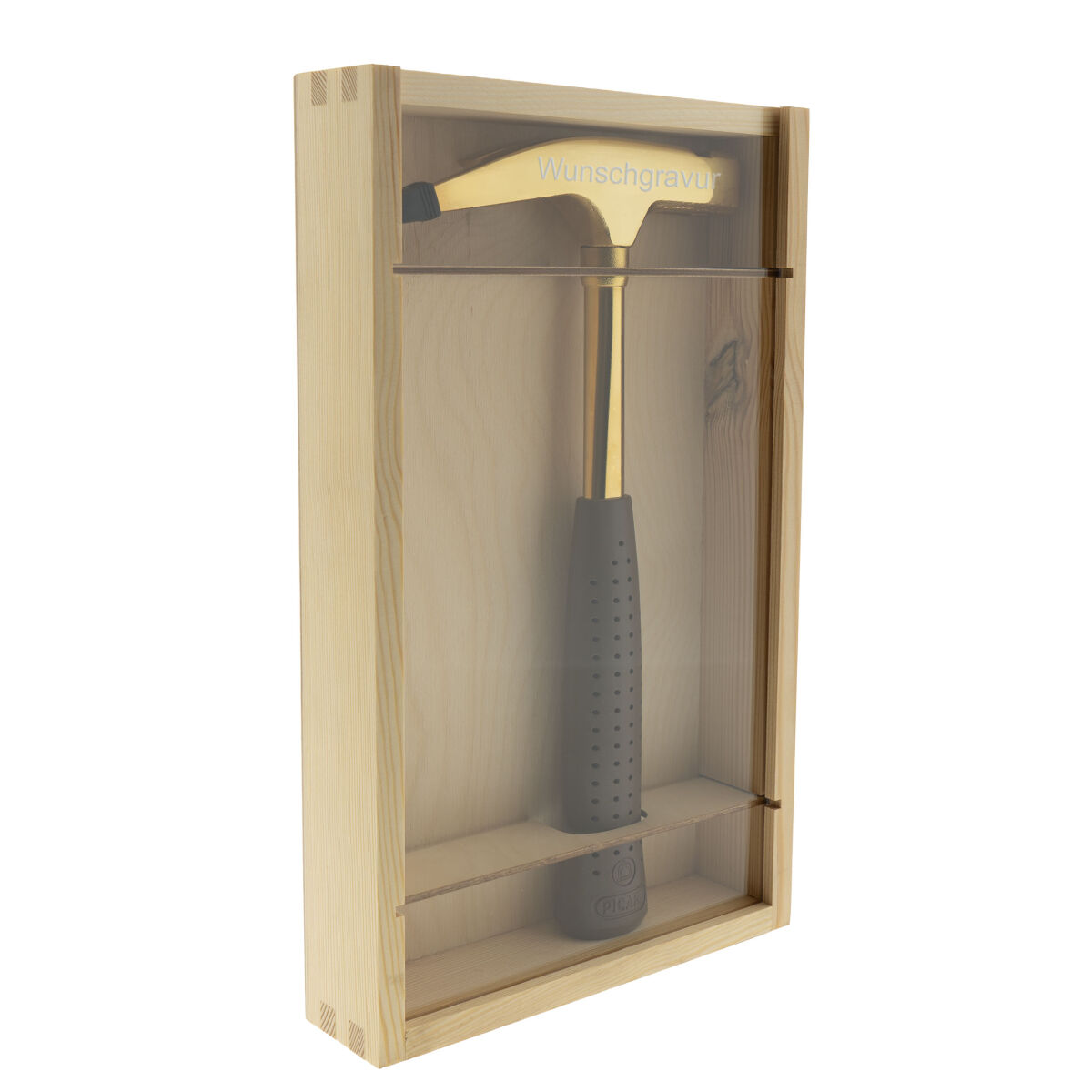 PICARD vergoldeter Hammer mit Gravur – personalisiertes Handwerker Geschenk im Holzrahmen Nr. 298f