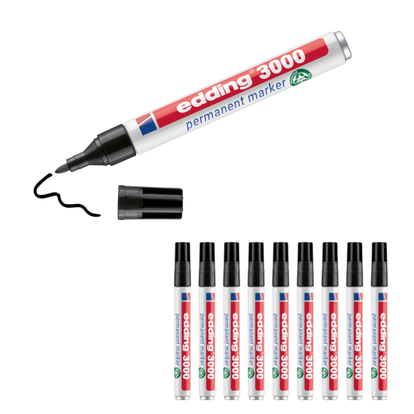 10 x edding 3000 Permanentmarker schwarz im Set