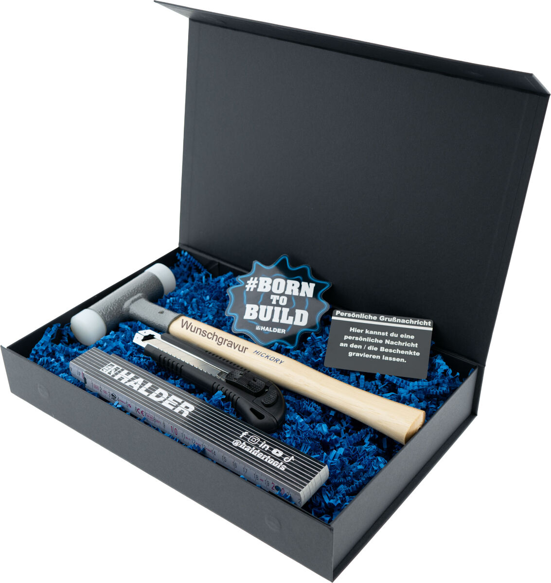 HALDER Geschenkbox SUPERCRAFT Schonhammer Ø 30 mm mit Gravur rückschlagfrei mit Stahlschrotfüllung | Exklusives Handwerker Geschenk