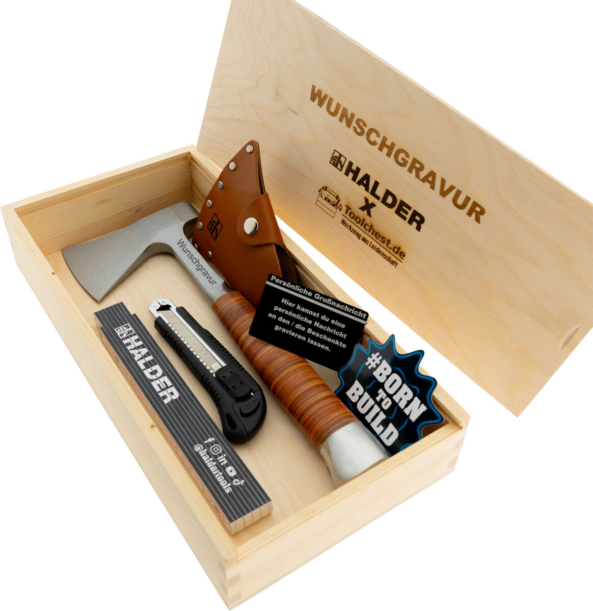 HALDER Geschenkbox Handbeil in Holzkiste mit Gravur auf Beil & Kiste | Exklusives Handwerker Geschenk