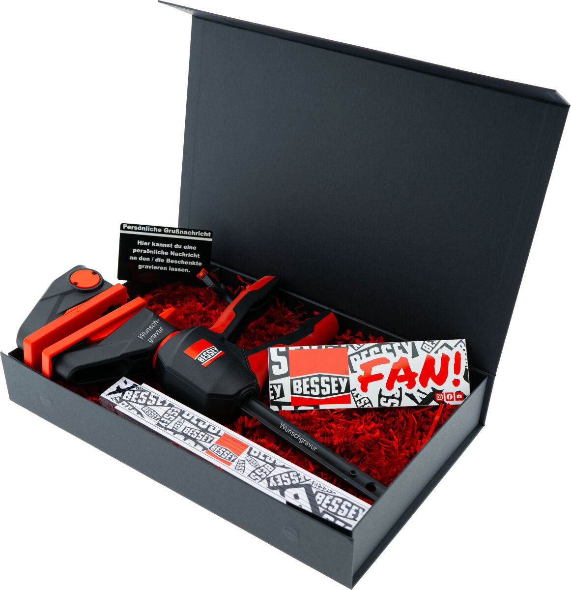 BESSEY Geschenkbox Einhandzwinge EZ360-15 mit Gravur inkl. Clippix XC1 Federzwinge & Zollstock | Exklusives personalisiertes Handwerker Geschenk
