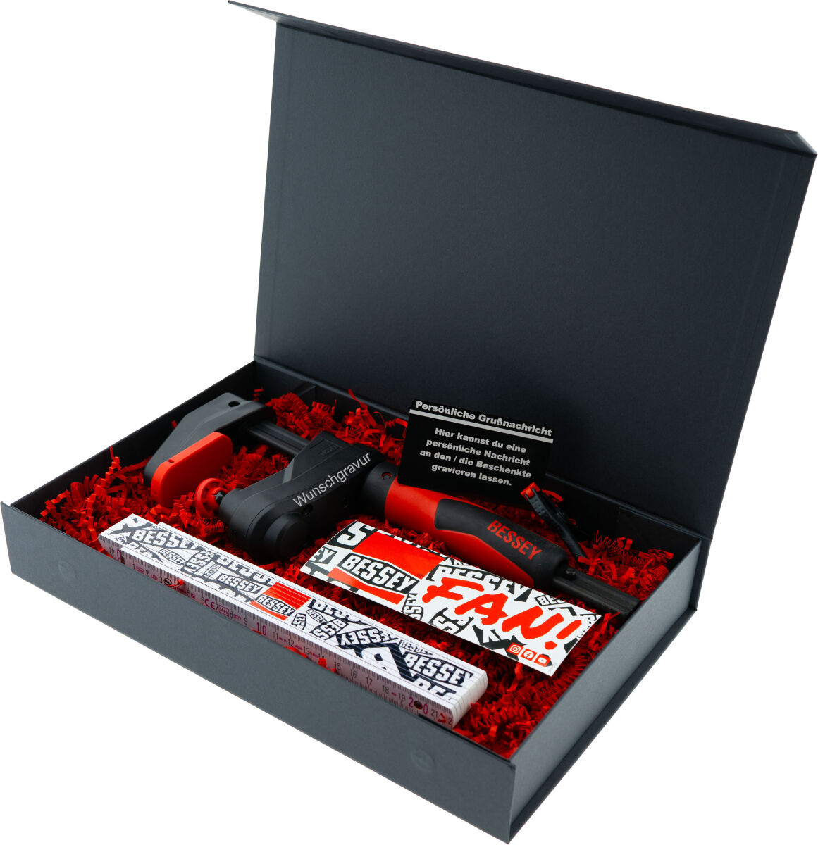 BESSEY Geschenkbox Gearklamp GK15 mit Gravur inkl. Clippix XC1 Federzwinge & Zollstock | Exklusives personalisiertes Handwerker Geschenk