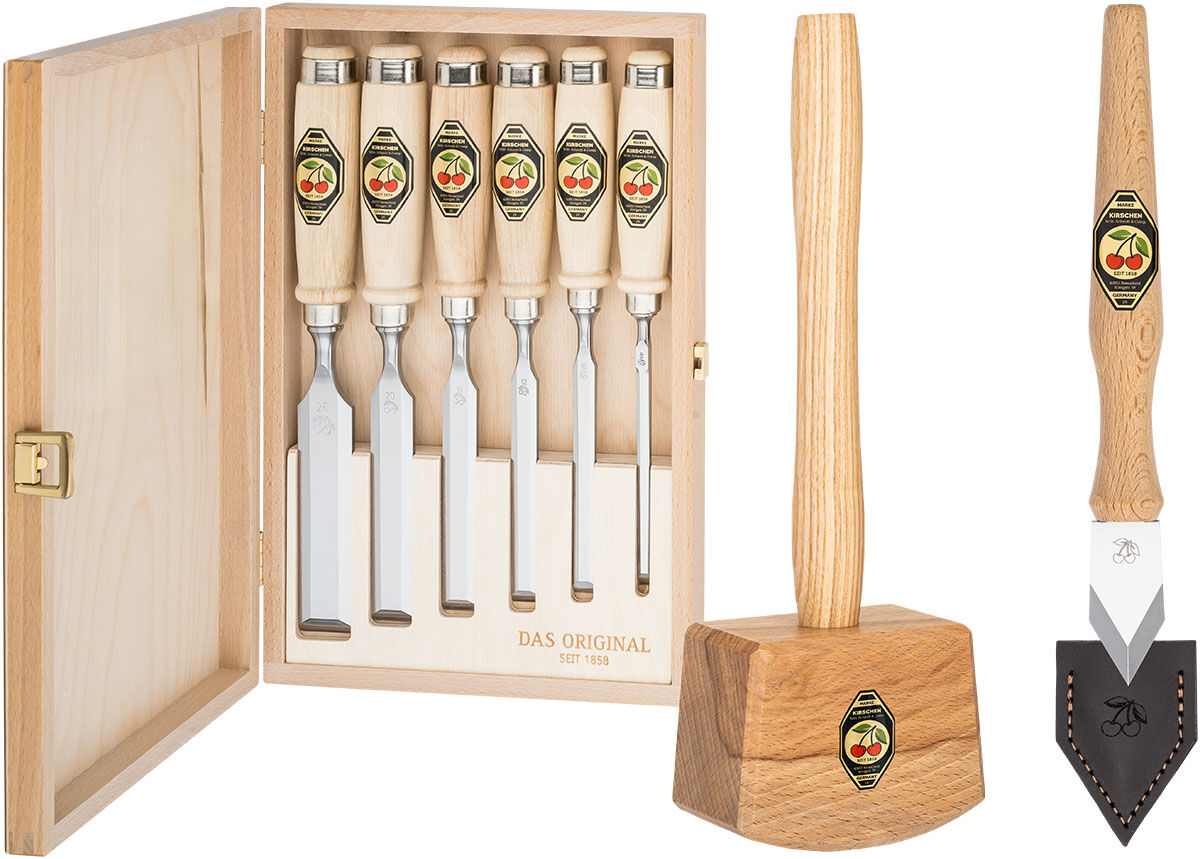 KIRSCHEN WOODWORKER Essentials Set 1 - Stechbeitelsatz 6-10-12-16-20-26 mm in Holzkasten + Holzhammer + Anreißmesser 1811000 | Gravur möglich