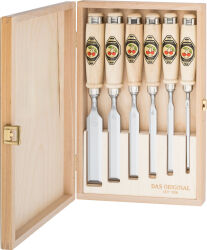 KIRSCHEN WOODWORKER Essentials Set 1 - Stechbeitelsatz 6-10-12-16-20-26 mm in Holzkasten + Holzhammer + Anreißmesser 1811000 | Gravur möglich