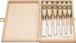 KIRSCHEN WOODWORKER Essentials Set 1 - Stechbeitelsatz 6-10-12-16-20-26 mm in Holzkasten + Holzhammer + Anreißmesser 1811000 | Gravur möglich